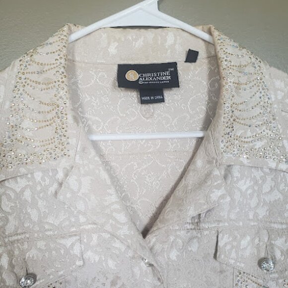 Christine Alexander Jacket XL Cream Damask Gold Crystal Gems Buttons Vintage - Picture 9 of 12